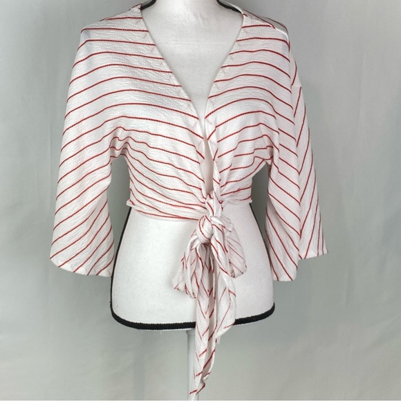 Cotton On Jude Kimono Wrap Around Crop Top Sz L White With Red Stripes - Picture 2 of 9